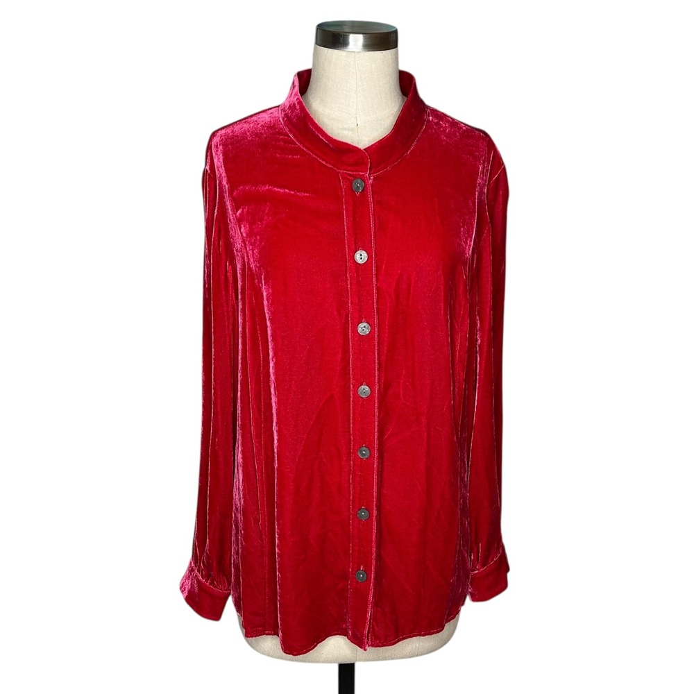 J JILL Dark Rose Pink Red Velvet Button Down Shirt Top Women's Size XL Boho Chic